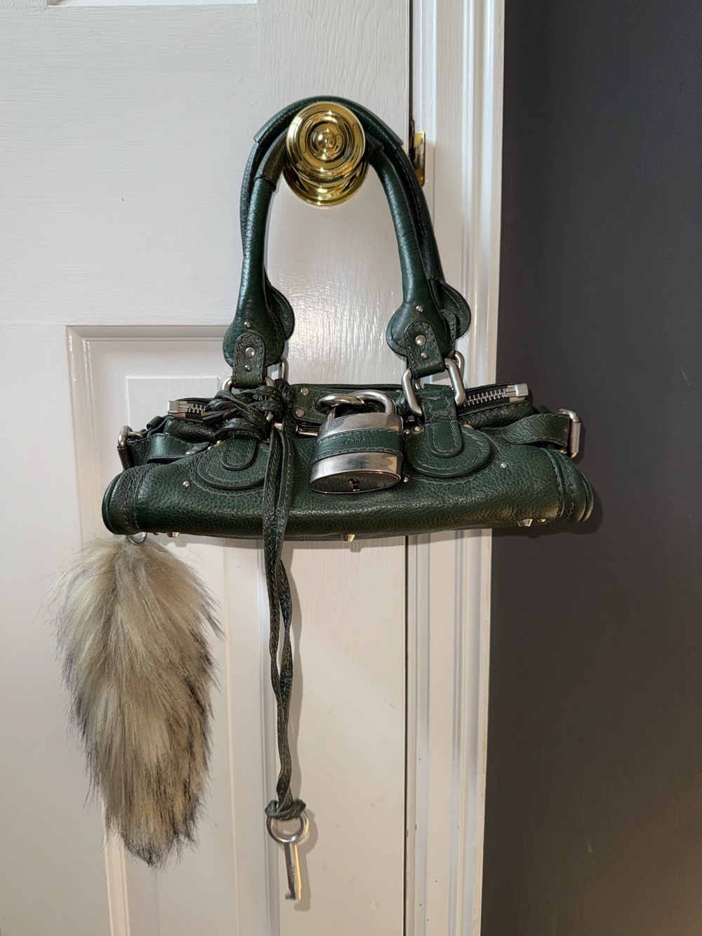 CHLOE Paddington Bag Small Green Silver Satchel Tote Phoebe Philo Y2K Padlock - Picture 4 of 16